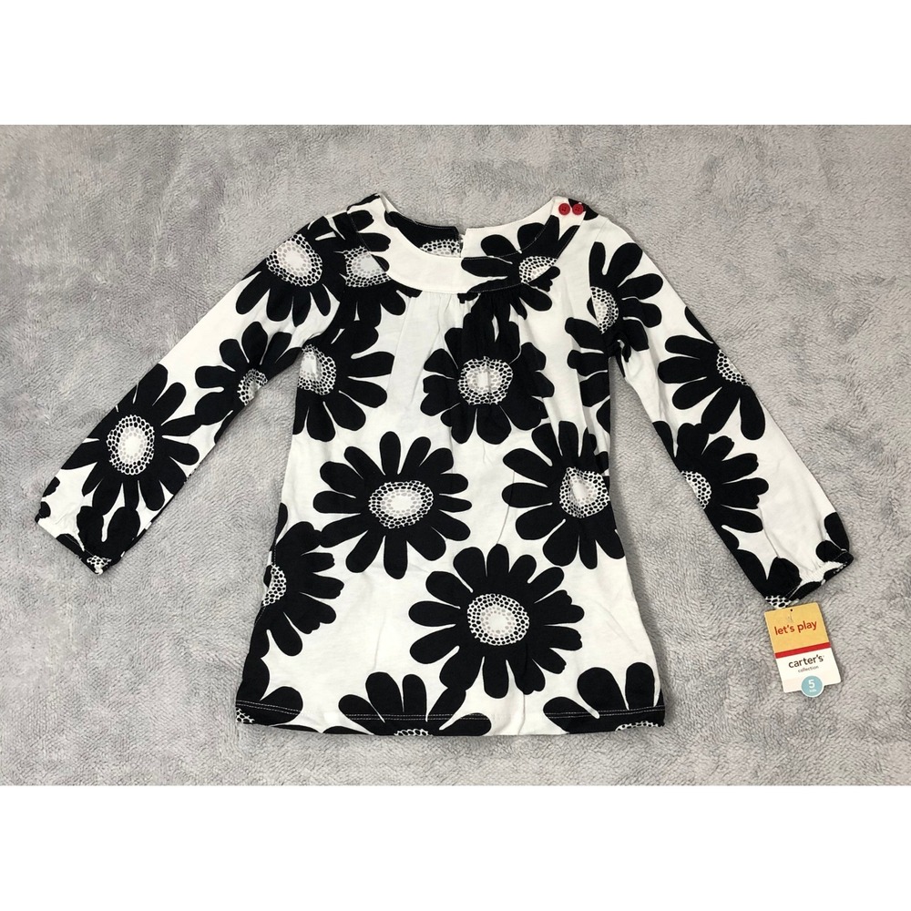 Carter's Top Girls Size 5 White Black Floral Daisy Red Pockets Long Sleeve Tunic
